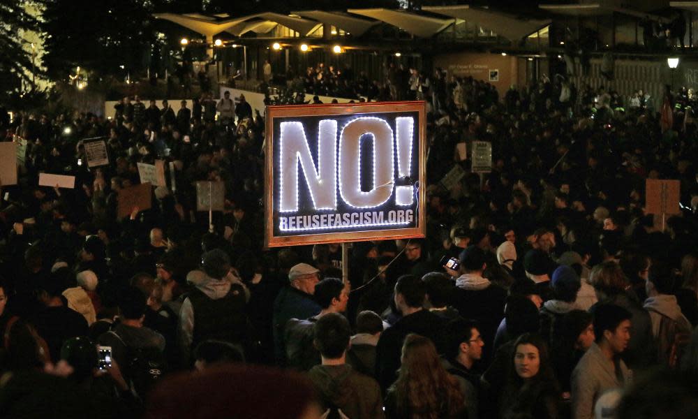 Protesters against a scheduled speaking appearance by Milo Yiannopoulos at UC Berkeley, February 2017