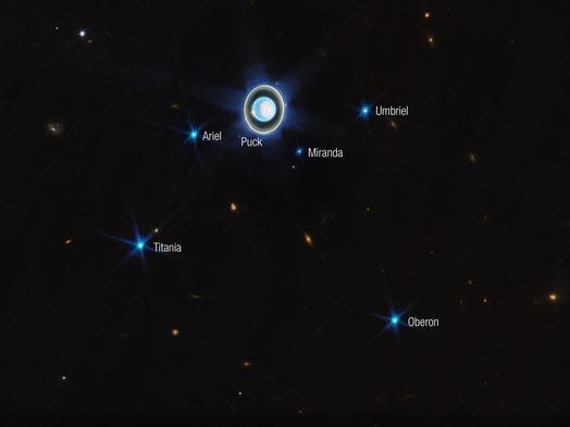 JWST 拍摄的图像显示这颗行星被 Puck、Titania、Oberon、Umbriel、Ariel 和 Miranda 包围