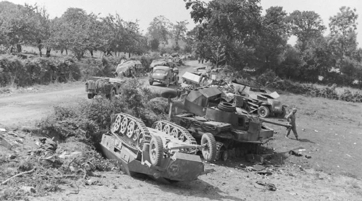 Destroyed German armour at one of the Operation Cobra sites which archaeologists have been excavating (US Signal Corp/Washington National Archives)