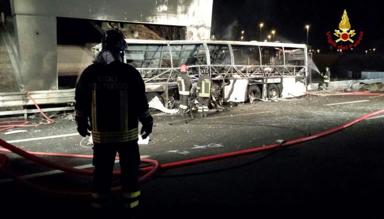 The coach burst into flames on Friday after crashing into a bridge pillar in Italy