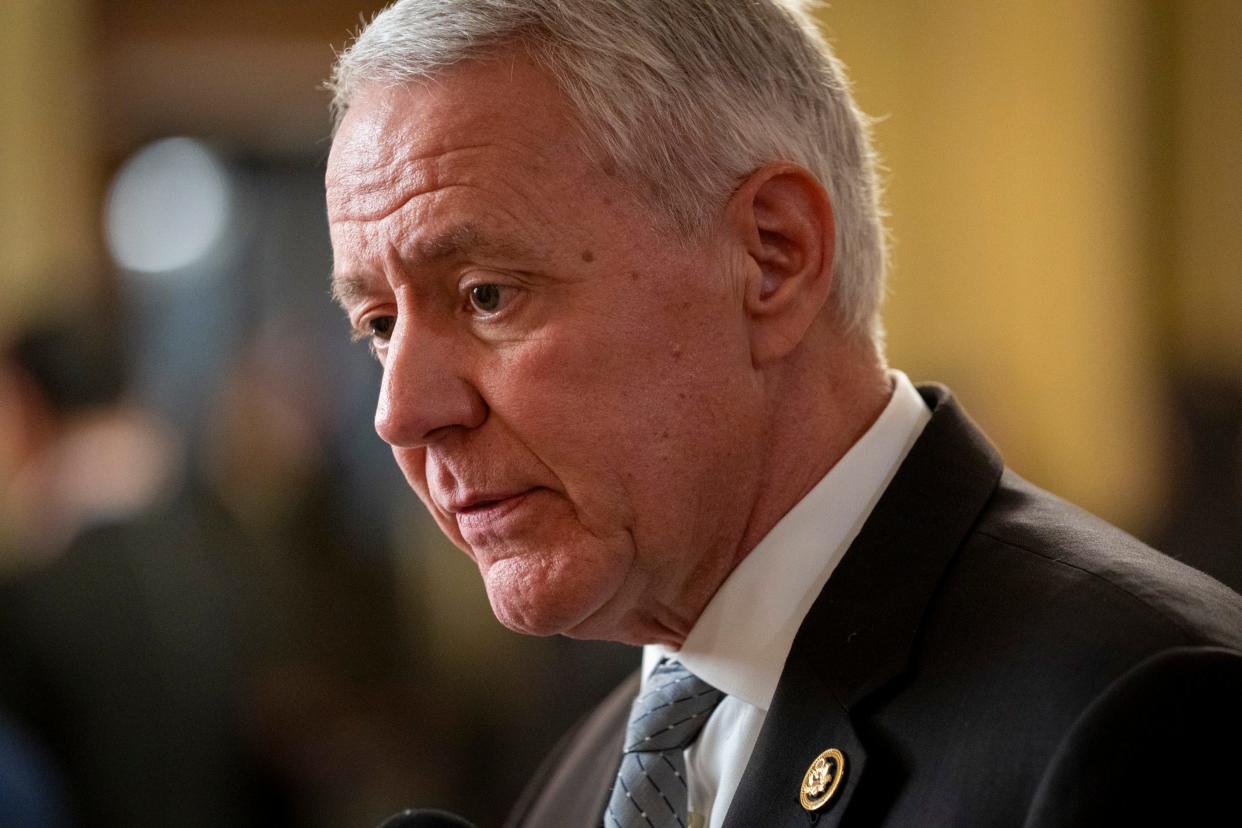 Rep. Ken Buck (R-CO) speaks to a television reporter in the U.S. Capitol just after House Republicans failed to impeach Homeland Security secretary Alejandro Mayorkas on Feb 6, 2024. Buck voted against the articles of impeachment.