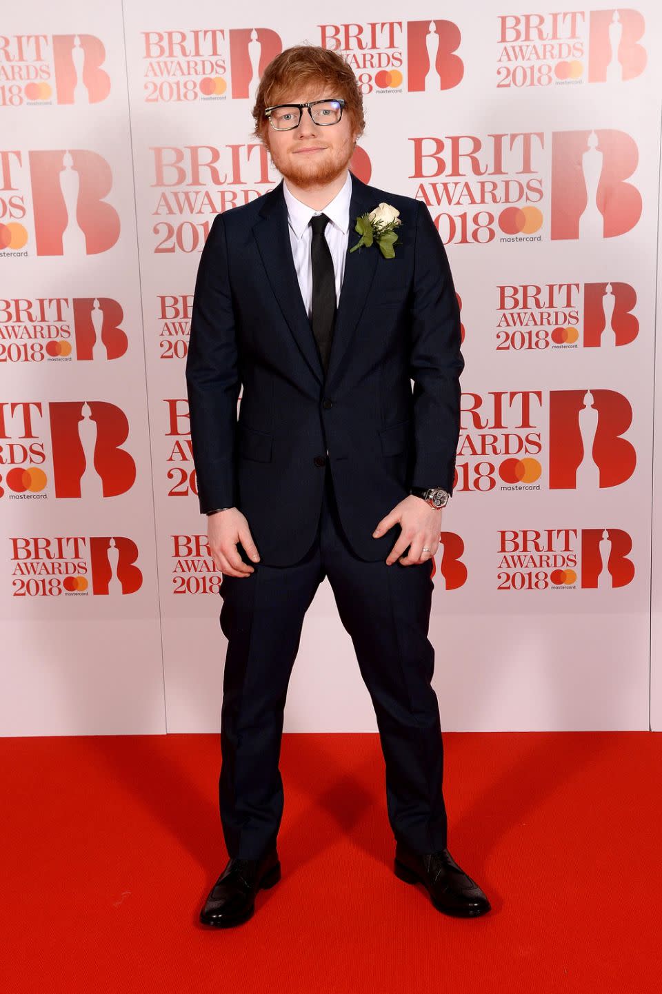 Can you see it? Ed has sparked wedding rumours as he's wearing a ring on his wedding finger at The Brits. Source: Getty