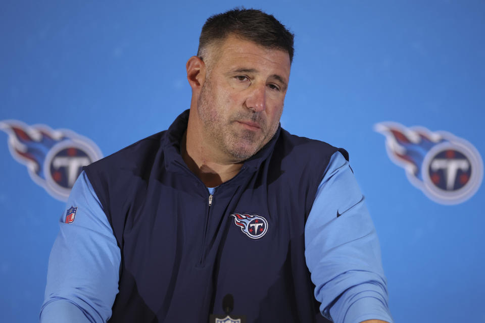 Tennessee Titans head coach Mike Vrabel responds to questions during a news conference after an NFL football game against the Baltimore Ravens, Sunday, Oct. 15, 2023, at the Tottenham Hotspur stadium in London. (AP Photo/Ian Walton)