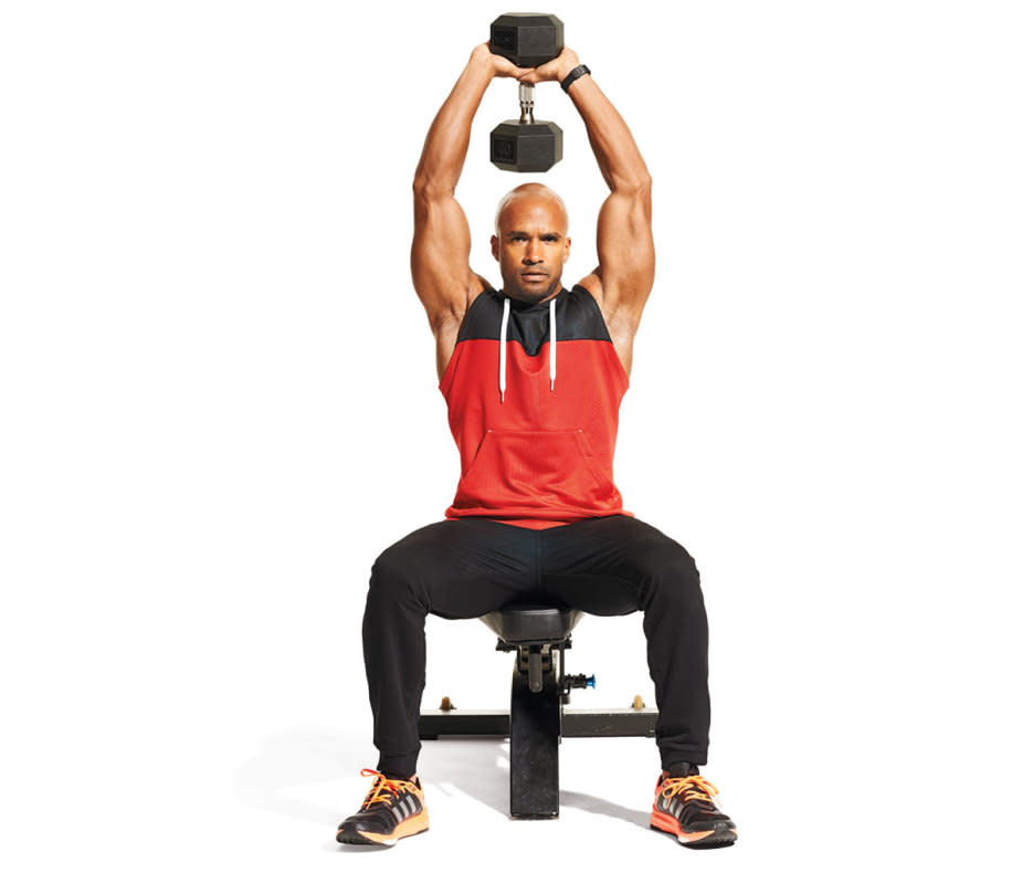 How to Do It:<ol><li>Sit on a bench holding one dumbbell with both hands by one of its bell ends. </li><li>Press the weight straight over your head. </li><li>Keeping your upper arms vertical, bend your elbows and lower the dumbbell behind your head until you feel a stretch on the triceps. </li><li>Extend your elbows to return to start. That's 1 rep. Repeat. </li></ol>