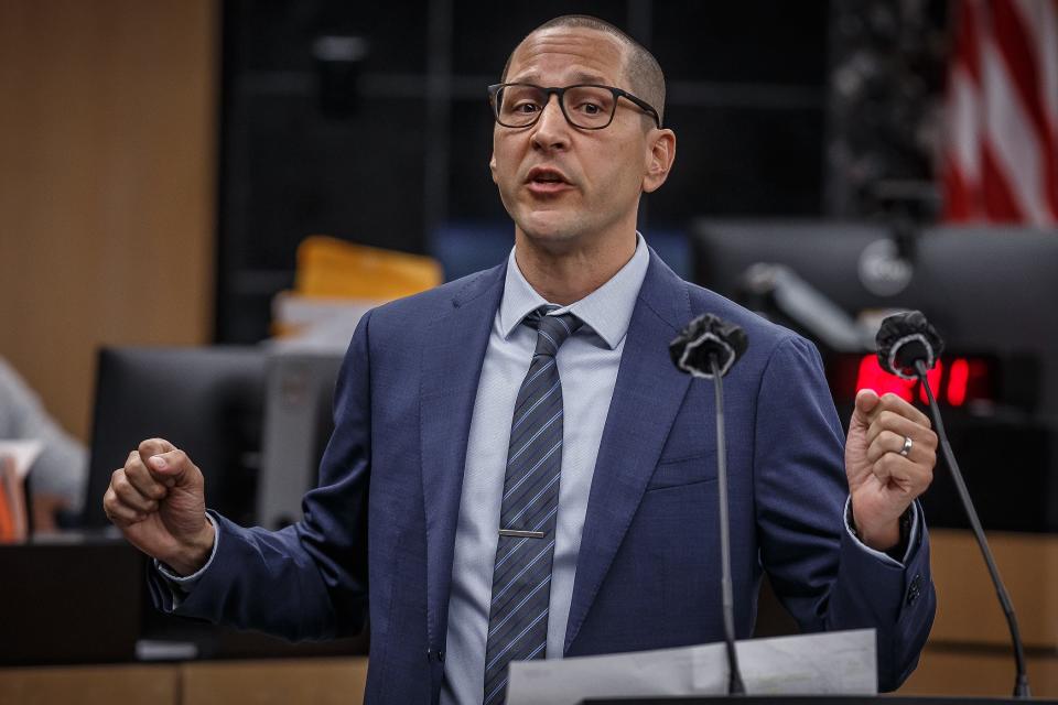 Public defender Scott Pribble, lead counsel for Joseph Hamilton talks to potential jurors during voir dire at Hamilton's first degree murder case in Circuit Judge Sarah Willis's courtroom at the Palm Beach County Courthouse in downtown West Palm Beach, Fla., on March 28, 2023.