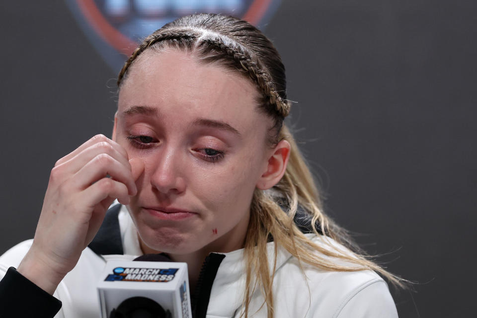 UConn's Paige Bueckers speaks with the media after losing to the Iowa Hawkeyes on Friday. (Steph Chambers/Getty Images)