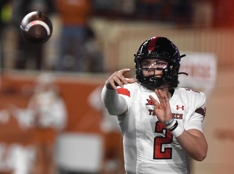 Texas Tech quarterback Behren Morton (2) threw for 1,757 yards and 15 touchdowns last year, playing most of the season with an injury throwing shoulder.