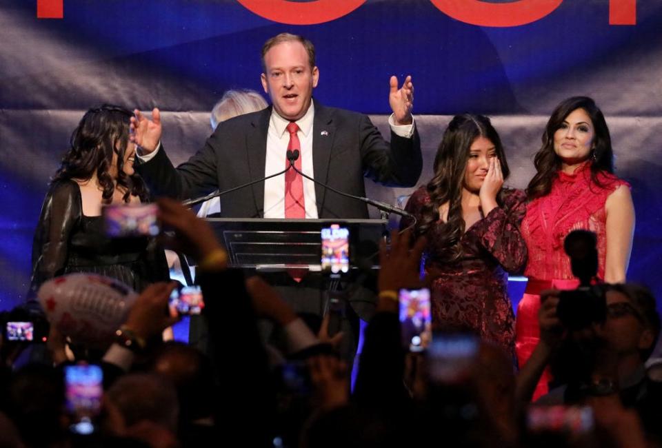 Rep. Lee Zeldin greets the crowd at the end of the night, during the election night watch party in his race for New York Governor, at Cipriani on East 42nd Street in New York, Nov. 8, 2022.