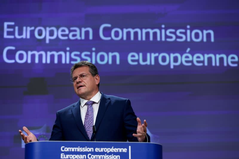 European Commission Vice President Maros Sefcovic speaks during a news conference at the European Commission in Brussels