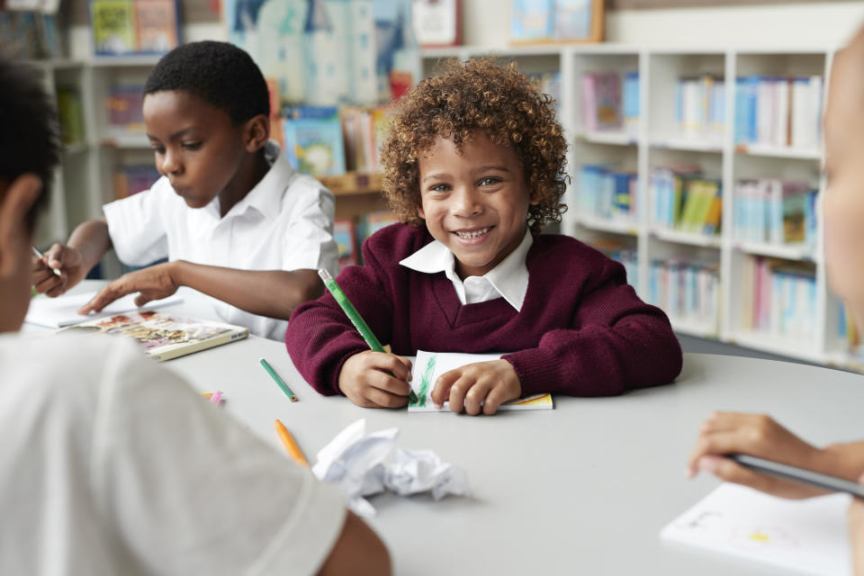 Children at modern school facility