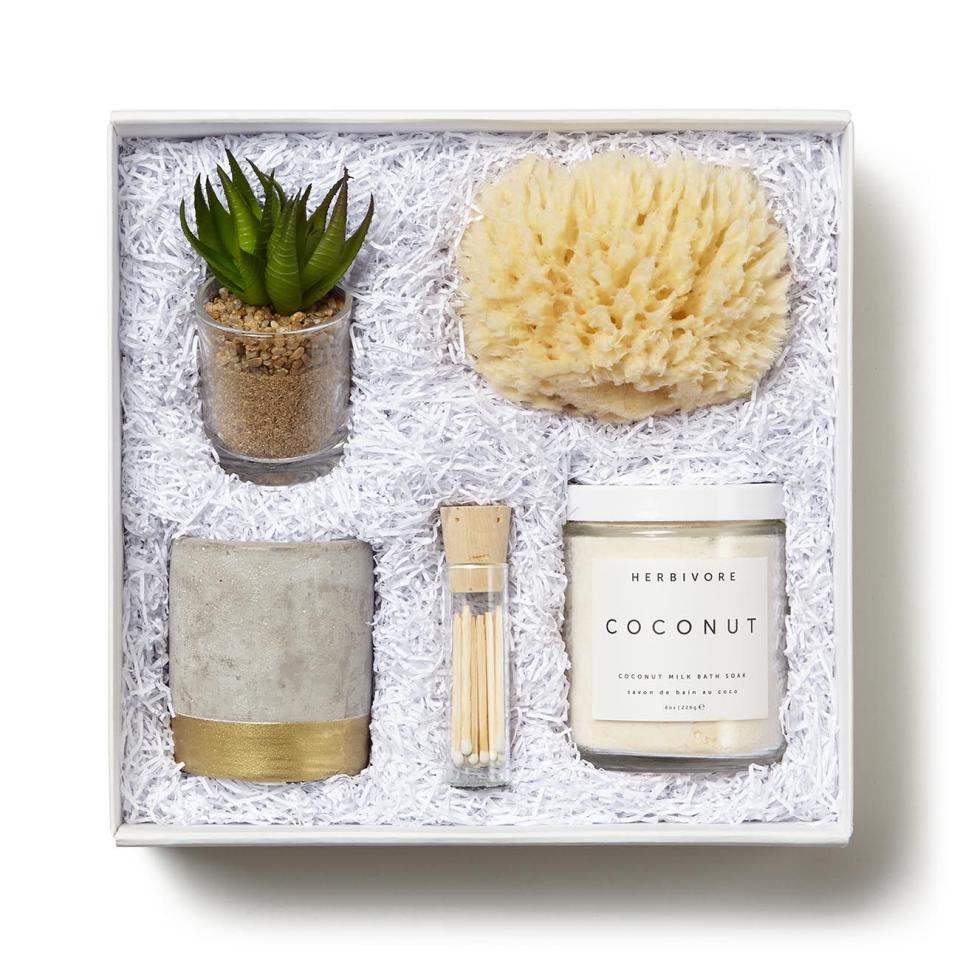 <p><strong>Knack</strong></p><p>knackshops.com</p><p><strong>$85.00</strong></p><p>Their bathroom will be stocked and ready for prime spa-like indulgence with a set that includes a soak, sponge, succulent, and candle (plus matches!!) for whenever they need chill vibes. From college worries to big job prospects, gift them relaxation.</p>