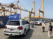 Un véhicule de la mission d'observation des Nations unies au Yémen au port d'Hodeida, le 11 mai 2019. Photo fournie par l'ONU