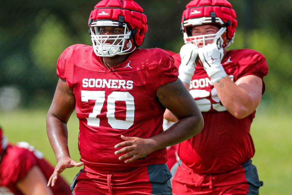 OU offensive lineman Cayden Green goes through a drill during a practice on Aug. 7 in Norman.