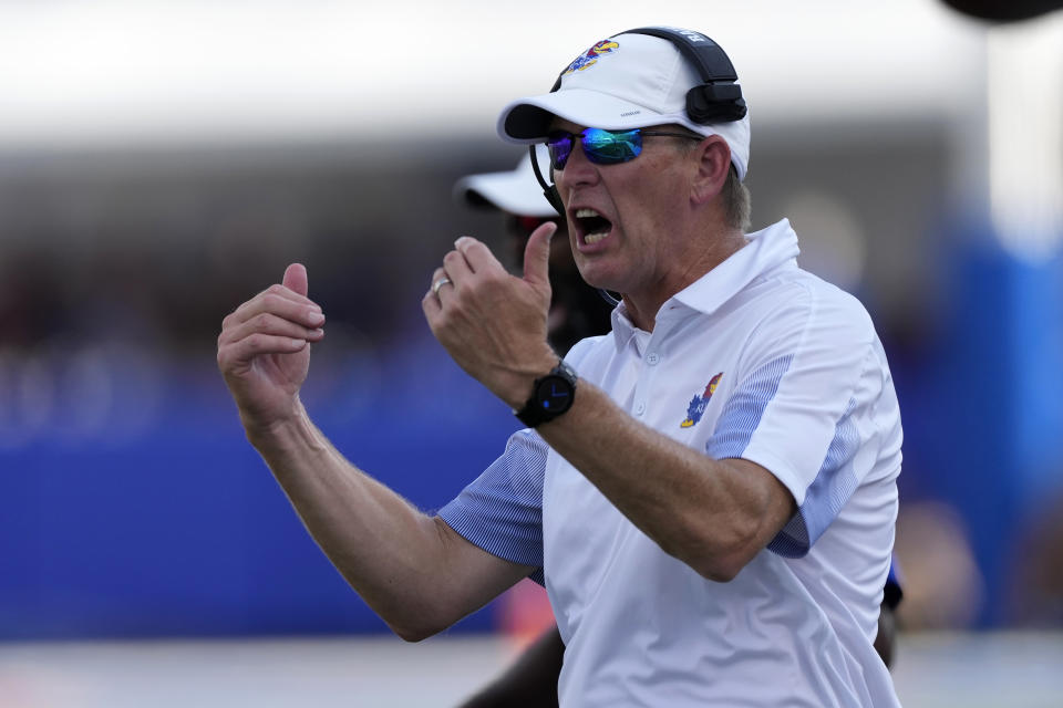 Kansas head coach Lance Leipold calls his team over during the second half of an NCAA college football game against Baylor in Lawrence, Kan., Saturday, Sept. 18 2021. Baylor defeated Kansas 45-7. (AP Photo/Orlin Wagner)