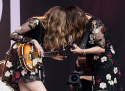 <p>Sisters Johanna Soderberg, left, and Klara Soderberg of the band ‘First Aid Kit’, perform at the Glastonbury music festival at Worthy Farm, in Somerset, England, Friday, June 23, 2017. (Photo: Grant Pollard/Invision/AP) </p>