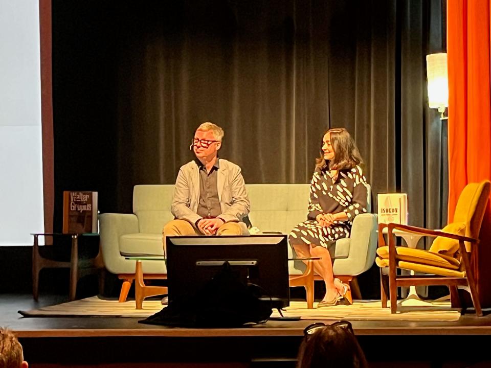 Magnus Englund (left) and Leyla Daybelge (right) during the Modernism Week presentation "The Bauhaus in London - A Century of Modernist Design" at the Annenberg Theater in Palm Springs, Calif., on Feb. 22, 2023.