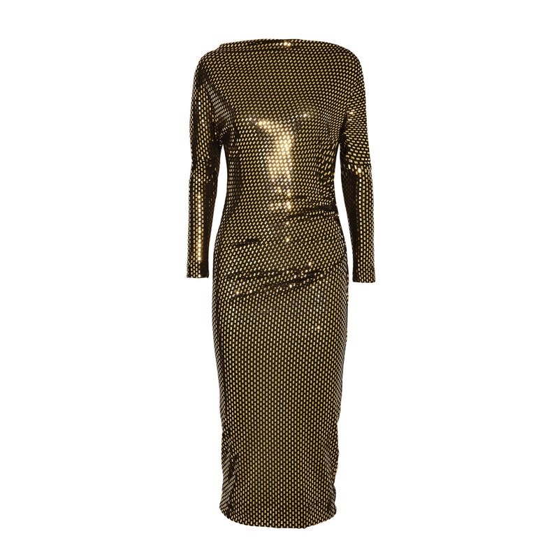 <a rel="nofollow noopener" href="http://rstyle.me/n/b82ktdjduw" target="_blank" data-ylk="slk:Draped Metallic Printed Midi Dress, Vivienne Westwood Anglomania, $550;elm:context_link;itc:0;sec:content-canvas" class="link ">Draped Metallic Printed Midi Dress, Vivienne Westwood Anglomania, $550</a>