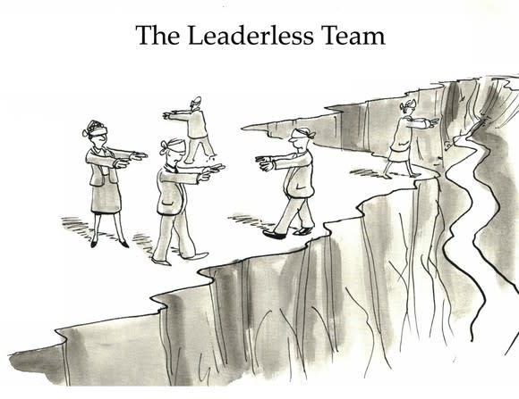 Business cartoon showing five blindfolded businesspeople walking on the edge of a cliff, they are 'The Leaderless Team'.