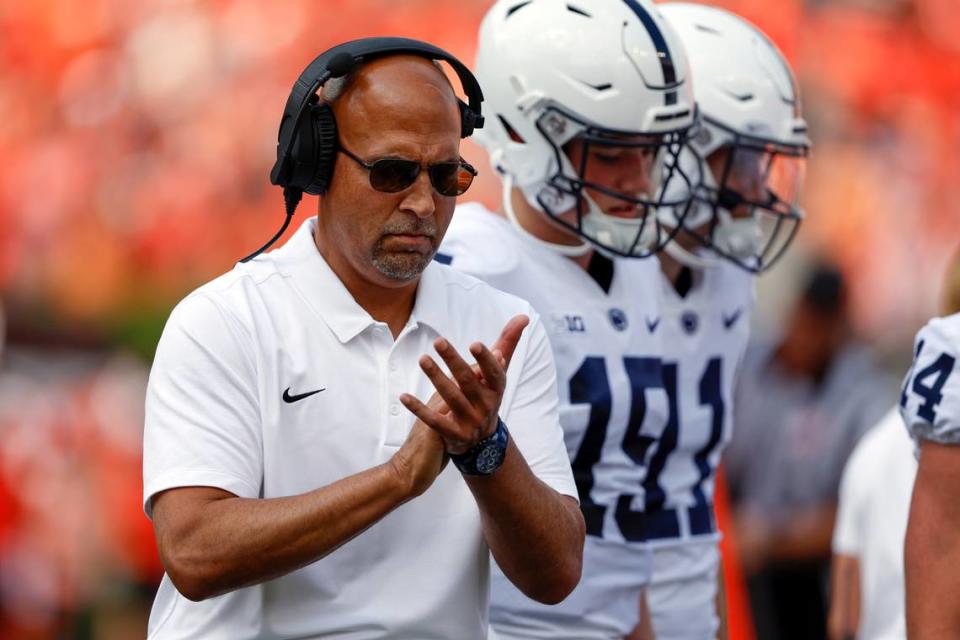 Penn State head coach James Franklin reacts to a play during the first half of an NCAA college football game against Auburn, Saturday, Sept. 17, 2022, in Auburn, Ala.