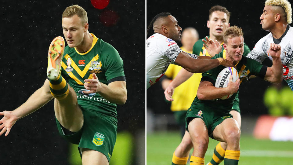 Daly Cherry-Evans may not have done enough against Fiji to win the halfback battle against Kangaroos teammate Nathan Cleary at the Rugby League World Cup. Pic: Getty