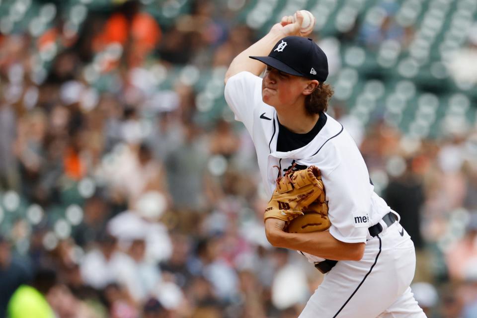 Detroit Tigers starting pitcher Reese Olson pitches in the second inning against the Minnesota Twins at Comerica Park in Detroit, Michigan on Aug. 10, 2023.