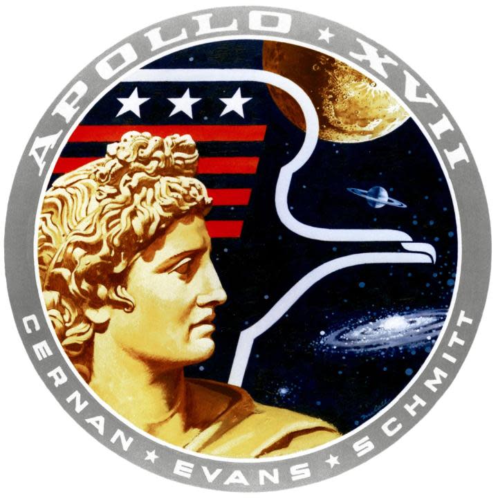 This is the Apollo 17 insignia or logo. The seventh and last manned lunar landing and return to Earth mission, the Apollo 17, carried a crew of three astronauts: Harrison H. Schmitt, Lunar Module pilot; Eugene A. Cernan, mission commander; and Ronald E. Evans, Command Module pilot. Apollo 17 lifted off on December 7, 1972 from the Kennedy Space Flight Center (KSC). Scientific objectives of the mission included geological surveying and sampling of materials and surface features in a preselected area of the Taurus-Littrow region, deploying and activating surface experiments, and conducting in-flight experiments and photographic tasks during lunar orbit and transearth coast (TEC). (NASA)