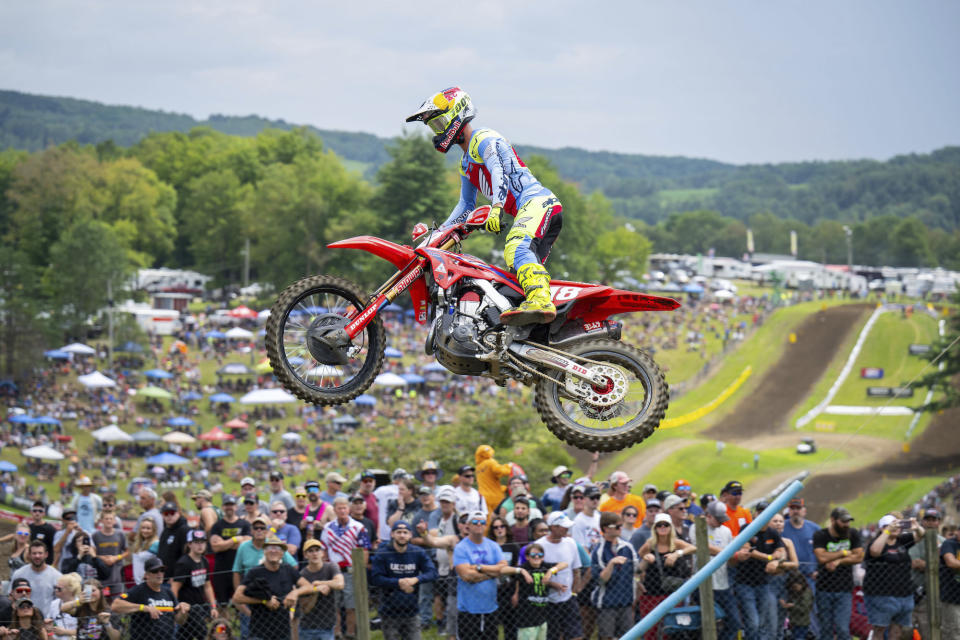 In this photo provided by MX Sports Pro Racing, Jett Lawrence competes at a motocross event in New Berlin, N.Y., Aug. 12, 2023. Lawrence, a 20-year-old from Australia, has already given Honda its first 450cc motocross title since 2003 while becoming the eighth rookie to clinch the title in his rookie season. Win at Indiana’s Ironman Raceway on Saturday and Lawrence will complete the fourth perfect motocross season in the last 50 years. (MX Sports Pro Racing via AP)