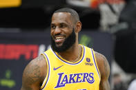 Los Angeles Lakers forward LeBron James smiles during the NBA basketball team's media day, Monday, Oct. 2, 2023, in El Segundo, Calif. (AP Photo/Ryan Sun)