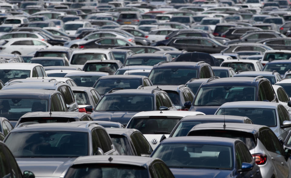 Thousands of used cars lined up at a site in Corby, Northamptonshire, waiting to be distributed to car dealerships around the UK.