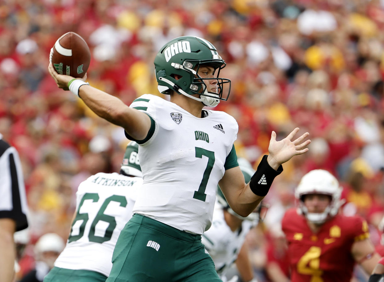 AMES, IA - SEPTEMBER 17:  Quarterback Kurtis Rourke #7 of the Ohio Bobcats passes the ball in the first half of play at Jack Trice Stadium on September 17, 2022 in Ames, Iowa. The Iowa State Cyclones won 43-10 over the Ohio Bobcats. (Photo by David K Purdy/Getty Images)