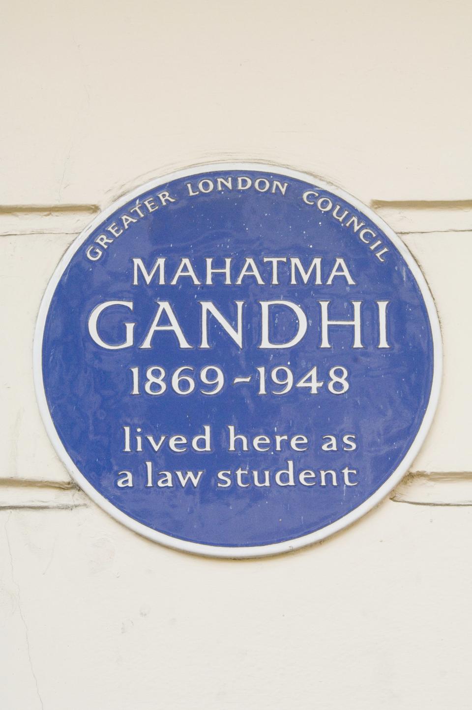 A blue plaque honors the home where Mahatma Gandhi lived as a law student. The building is located on 20 Baron’s Court Road in London.