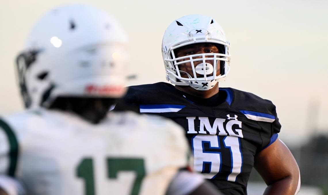 IMG Academy Francis Mauigoa (61) during their game with Miami Central Senior High School in Bradenton, Friday, Feb. 28, 2020.(Photo/Chris Tilley)