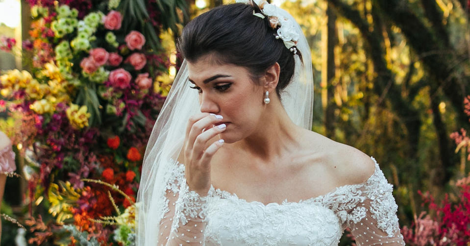 A bride being sad on her wedding day