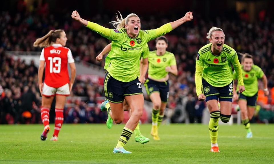 Alessia Russo celebrates after scoring Manchester United’s late winner at Arsenal.