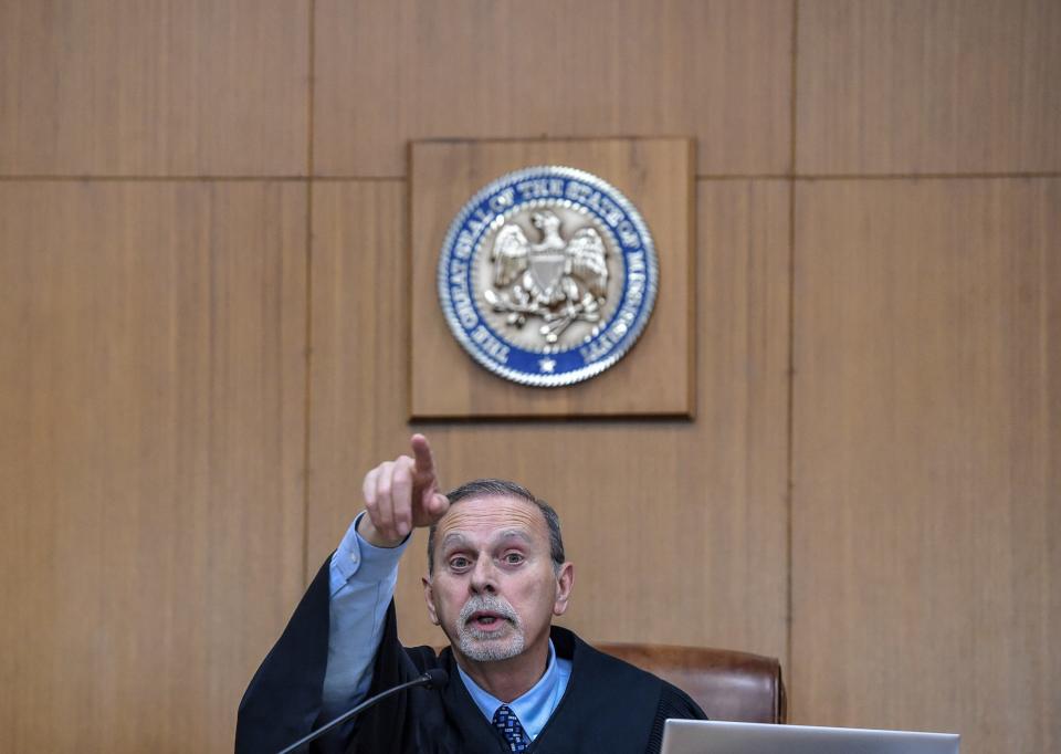 Special Judge H. David Clark presides over the hearing for the City Council of Jackson v. Lumumba, a case concerning the city's ongoing garbage crisis at Hinds County Chancery Courthouse in Jackson, Miss., Monday, April 17, 2023. Court will resume Tuesday morning.