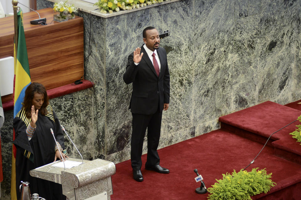 FILE - Ethiopia's Prime Minister Abiy Ahmed is sworn in for a second five-year term, at the House of Peoples Representatives in the capital Addis Ababa, Ethiopia Monday, Oct. 4, 2021. Prime Minister Abiy Ahmed has gone to the battlefront to lead his country's military forces, his government announced Wednesday, Nov. 24, 2021. (AP Photo, File)