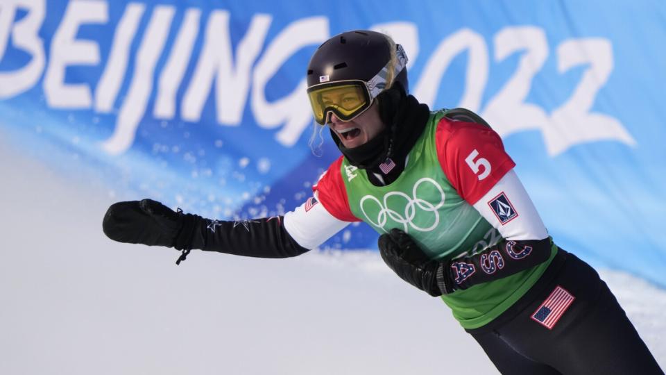 United States' Lindsey Jacobellis snowboards at the 2022 Olympics.