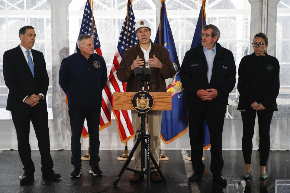 New York Governor Andrew Cuomo speaks during a news conference at a COVID-19 coronavirus infection testing facility at Glen Island Park, Friday, March 13, 2020, in New Rochelle, N.Y. State officials have set up a “containment area” in the New York City suburb, where schools and houses of worship are closed within a 1-mile radius of a point near a synagogue where an infected person with coronavirus had attended events. State officials stress it is not a lockdown. The vast majority of people recover from the new coronavirus. According to the World Health Organization, most people recover in about two to six weeks, depending on the severity of the illness. (AP Photo/John Minchillo)