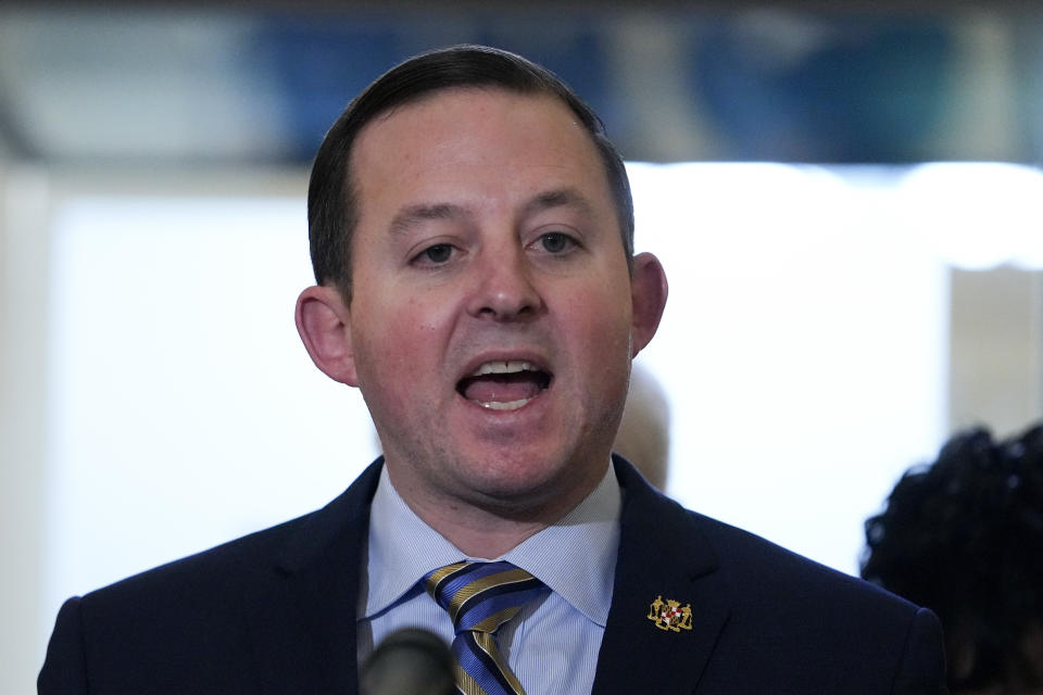 Maryland Senate President Bill Ferguson, D-Baltimore, speaks during a news conference at the statehouse, Thursday, Feb. 9, 2023, in Annapolis, Md. State lawmakers announced support for measures protecting abortion rights, including a state constitutional amendment that would enshrine it. (AP Photo/Julio Cortez)