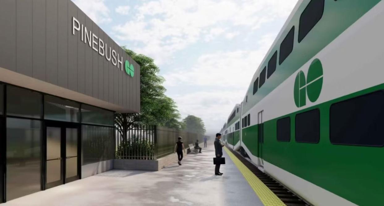 The proposed Pinebush GO station, pictured here in a concept design, would have one or more trains running every 30 to 60 minutes once complete, Oriana Aguas said. (Engage Region of Waterloo - image credit)