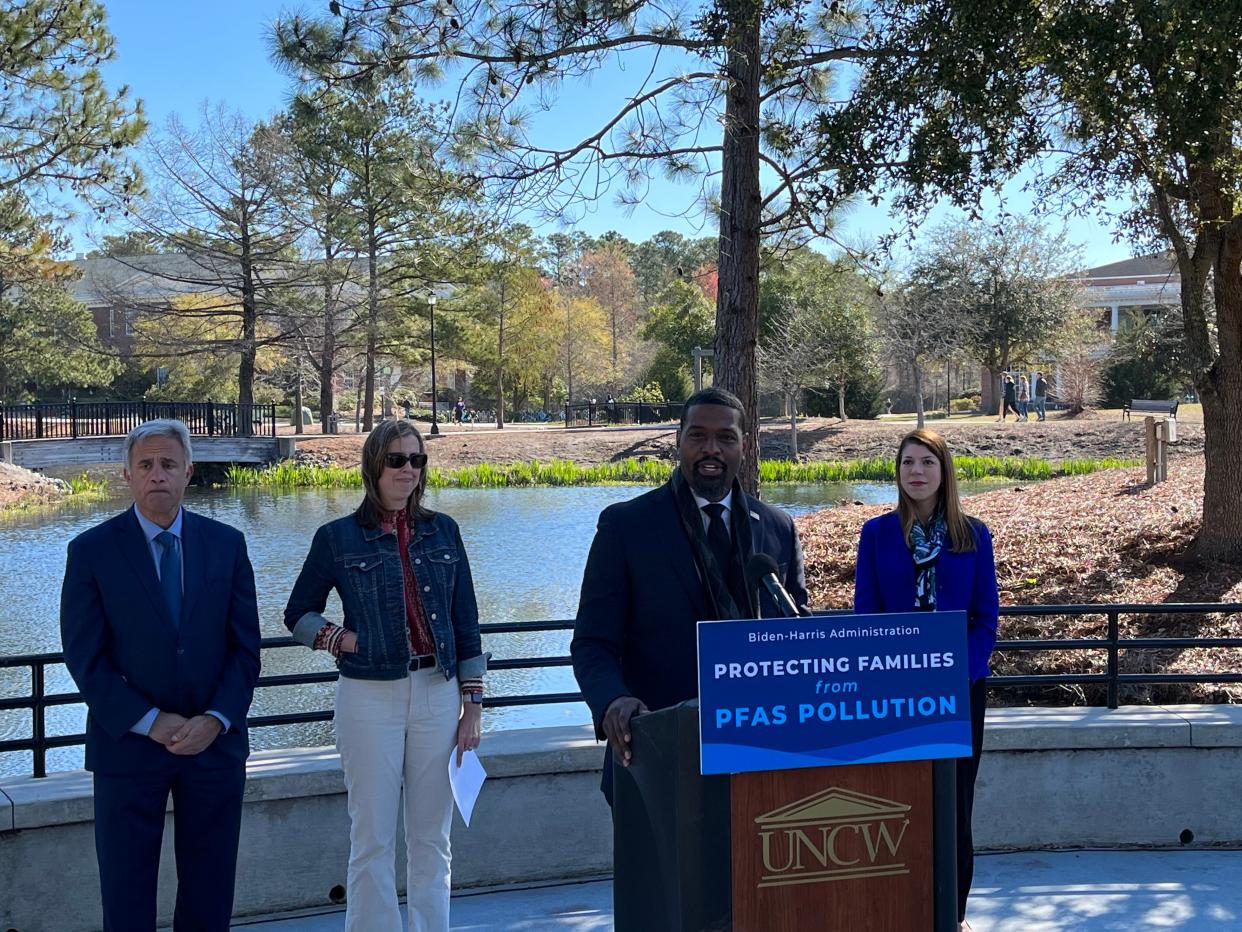 U.S. Environmental Protection Agency Administrator Michael Regan outlines EPA's new drinking water standards for six PFAS chemicals on March 14, 2023 at the University of North Carolina Wilmington in Wilmington, North Carolina.