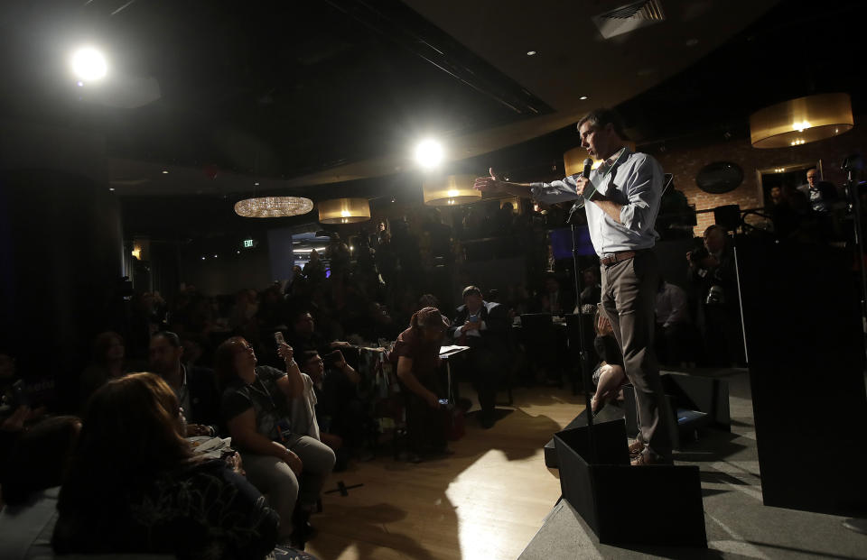 Democratic presidential candidate and former Texas Congressman Beto O'Rourke speaks at an SEIU event before the 2019 California Democratic Party State Organizing Convention in San Francisco, Saturday, June 1, 2019. (AP Photo/Jeff Chiu)