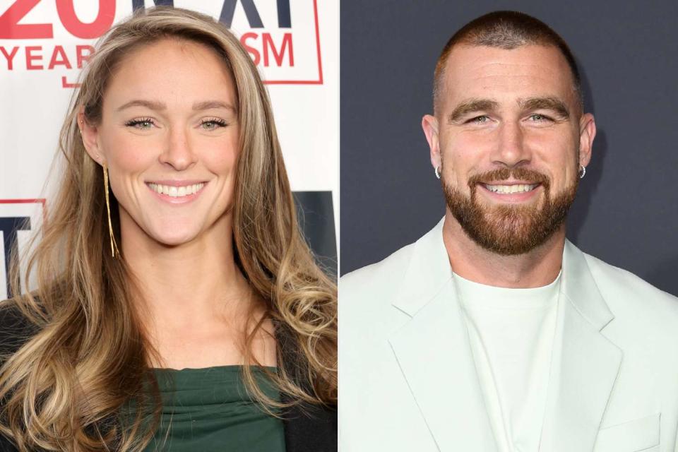 <p>Michael Loccisano/Getty; JC Olivera/Getty</p> Kylie Kelce; Travis Kelce