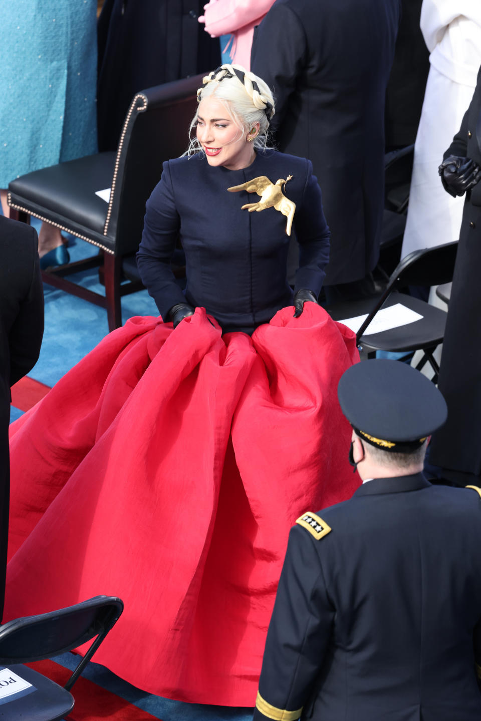 WASHINGTON, DC - JANUARY 20: Lady Gaga leaves after singing the National Anthem at the inauguration of U.S. President-elect Joe Biden on the West Front of the U.S. Capitol on January 20, 2021 in Washington, DC. During today's inauguration ceremony Joe Biden becomes the 46th president of the United States. (Photo by Tasos Katopodis/Getty Images)