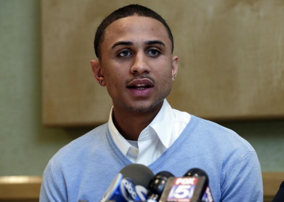 Sheldon Stephens speaks at a news conference in New York, Tuesday, March 19, 2013. Stephens, 24, of Harrisburg, Pa., has filed suit against Kevin Clash, former voice of the "Sesame Street" character Elmo, claiming the entertainer lured him into drug-fueled sex when he was 16. (AP Photo/Richard Drew)