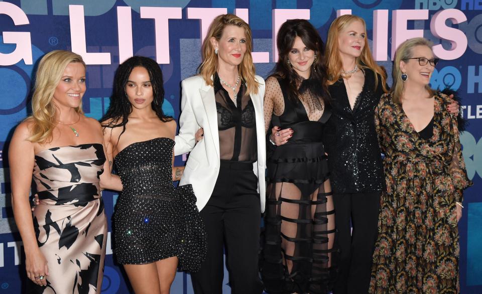 (FILES) In this file photo taken on May 29, 2019 (L-R) Actresses Reese Witherspoon, ZOe Kravitz, Laura Dern, Shailene Woodley, Nicole Kidman and Meryl Streep attend HBO's "Big Little Lies" Season 2 premiere at Jazz at Lincoln Center on May 29, 2019 in New York City. - From Julia Roberts and Meryl Streep to Reese Witherspoon and Michael Douglas, Hollywood movie stars are being lured to television by higher production values, wider opportunities... and massive paydays. Once the vastly poorer cousin of film, the small screen has enjoyed a stunning renaissance as members of the binge-watching generation swap trips to the multiplex for nights on the couch streaming the latest "premium" hit show. Hollywood's top A-listers are increasingly making the same switch. (Photo by ANGELA WEISS / AFP) (Photo by ANGELA WEISS/AFP via Getty Images)