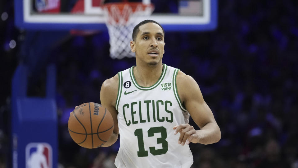 Boston Celtics' Malcolm Brogdon plays during the second half of Game 4 in an NBA basketball Eastern Conference semifinals playoff series, Sunday, May 7, 2023, in Philadelphia. (AP Photo/Matt Slocum)