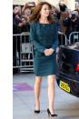 <p>The Duchess arrives at an ICAP charity event in Central London, donning a deep teal suit and pointy black pumps.</p>