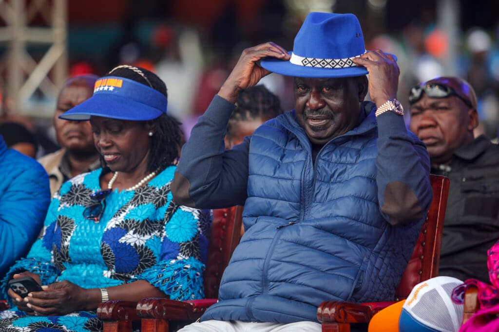 Kenyan presidential candidate Raila Odinga and his running mate Martha Karua, left, attend his final electoral campaign rally at Kasarani stadium in Nairobi, Kenya Saturday, Aug. 6, 2022. (AP Photo/Brian Inganga)