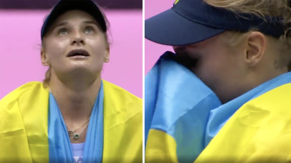 Ukrainian tennis player Dayana Yastremska donned the Ukrainian flag after winning her first round match at the Lyon Open, days after fleeing from Russia's invasion. Pictures: WTA/Twitter